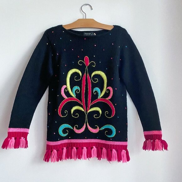 Vintage PantMate by Len Wasser Embroidered Colourful Fringe Wool Sweater - Picture 1 of 6